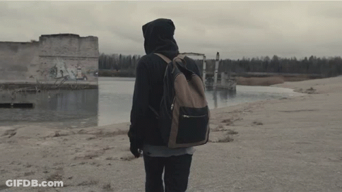A Person With A Backpack Is Walking On A Beach Near A Body Of Water GIF
