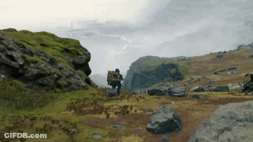 A Person With A Backpack On Their Back Is Walking Across A Field GIF