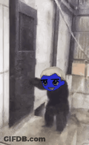 A Person With A Blue Face Is Standing In A Room GIF