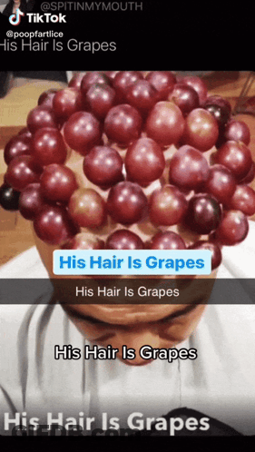 A Person With A Bunch Of Grapes On Their Head With A Caption That Says His Hair Is Grapes GIF