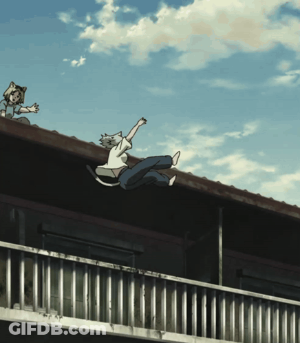 A Person With A Cat 'S Head Is Falling Off The Roof GIF