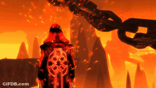 A Person With A Celtic Cross On Their Back Stands In A Burning Area GIF