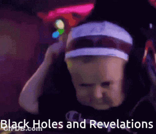A Person With A Headband On Their Head And The Words Black Holes And Revelations Below Them GIF