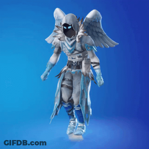 A Person With A Hood And Wings Is Standing On A Blue Background GIF