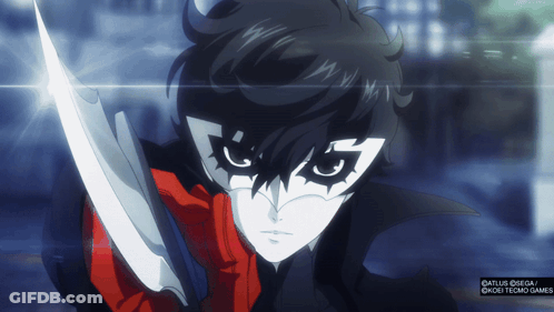 A Person With A Mask On Holding A Knife With A Sega Logo Behind Them GIF