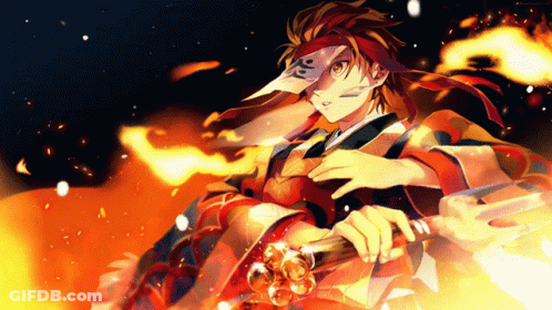 A Person With A Mask On Their Face Is Holding A Sword In Front Of A Fire GIF