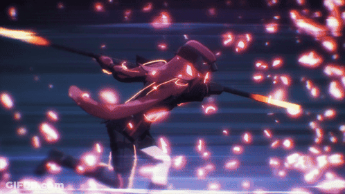 A Person With A Red Cape Is Holding A Sword In A Dark Room GIF
