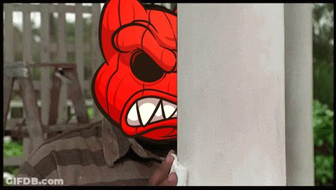 A Person With A Red Mask On Their Face Is Peeking Behind A White Pole GIF