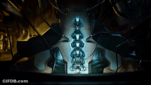 A Person With A Robotic Spine Has A Sticker On It That Says ' Eeeee ' GIF