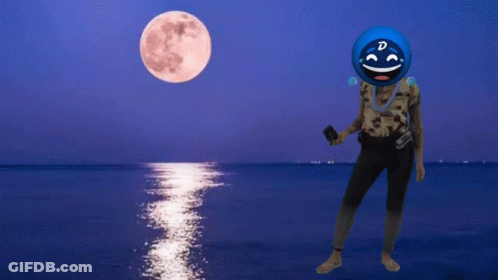 A Person With A Smiley Face On Their Head Is Standing In Front Of A Full Moon With The Words Just Hold And Dance Below T GIF