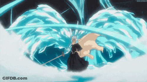 A Person With A Sword In Their Hand Is Surrounded By Blue Water GIF