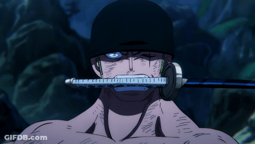 A Person With A Sword In Their Mouth And A Blue Eye GIF