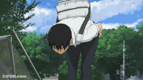 A Person With A White Bag On Their Back Bending Over GIF