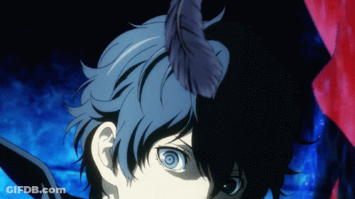 A Person With Blue Hair Has A Feather On Their Head GIF