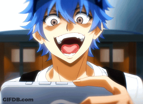 Person With Blue Hair Holding Tablet With Mouth Wide Open GIF
