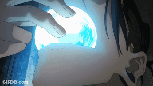 A Person With Blue Hair Is Looking At A Blue Ball GIF