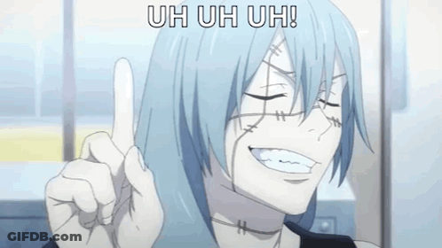 A Person With Blue Hair Is Pointing Up With Their Finger While Smiling . GIF