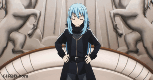 A Person With Blue Hair Is Standing With Their Hands On Their Hips In Front Of A Statue Of A Horse GIF