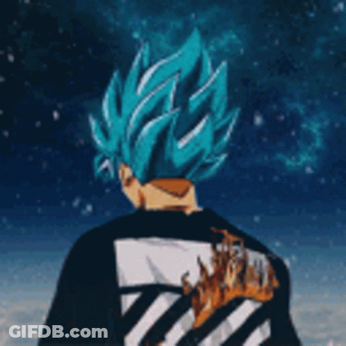 A Person With Blue Hair Is Wearing A Black And White Shirt With A Fire On The Back . GIF