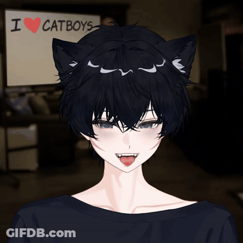 A Person With Cat Ears Is Standing In Front Of A Sign That Says I Heart Catboys GIF