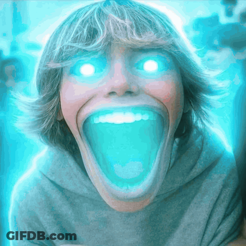 Person With Glowing Eyes And Huge Mouth GIF