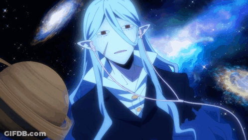 A Person With Long Blue Hair Is Holding A Planet In Their Hand GIF