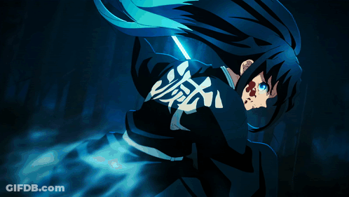 A Person With Long Blue Hair Is Holding A Sword In A Dark Forest GIF