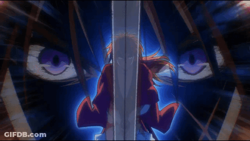 A Person With Purple Eyes Is Holding A Sword In A Dark Room GIF