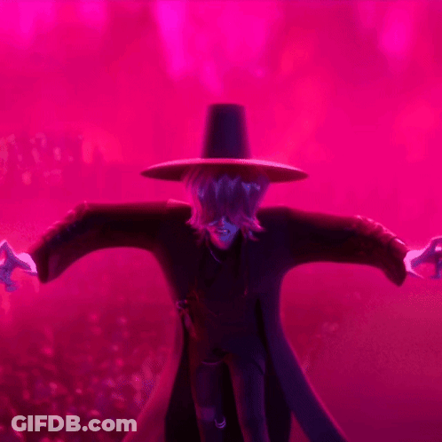 A Person With Purple Hair And A Black Hat Is Standing In Front Of A Pink Background GIF
