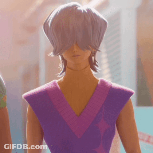 A Person With Purple Hair And A Purple Top GIF
