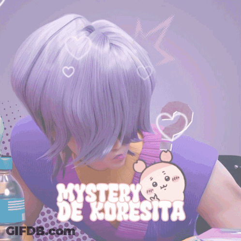 A Person With Purple Hair And The Words " Mystery De Koresita " GIF