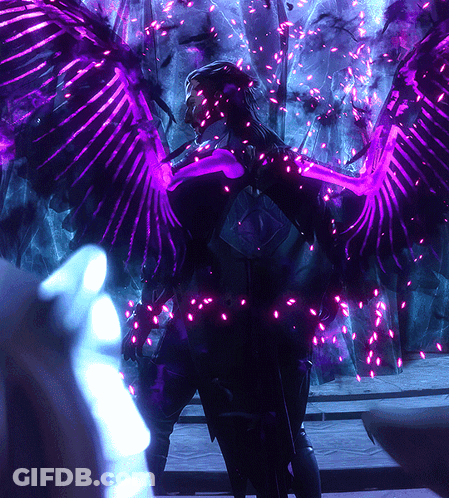A Person With Purple Wings Is Standing In Front Of A Blue Background GIF