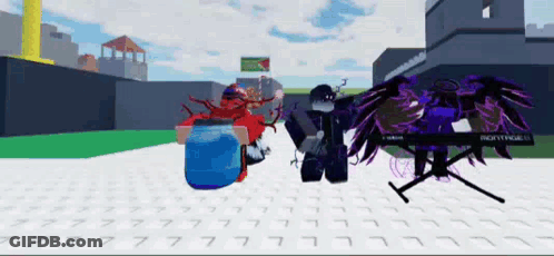 A Person With Purple Wings Is Standing Next To A Person With A Blue Bucket In A Video Game . GIF
