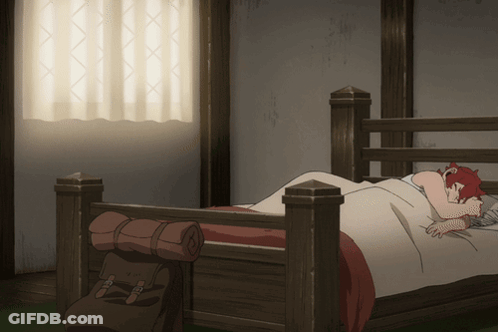 A Person With Red Hair Is Sleeping In A Bed Next To A Backpack GIF