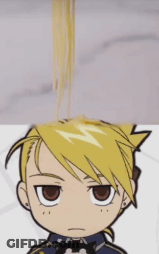 A Person With Red Nails Is Holding A Pile Of Noodles Over A Cartoon Character 'S Head GIF