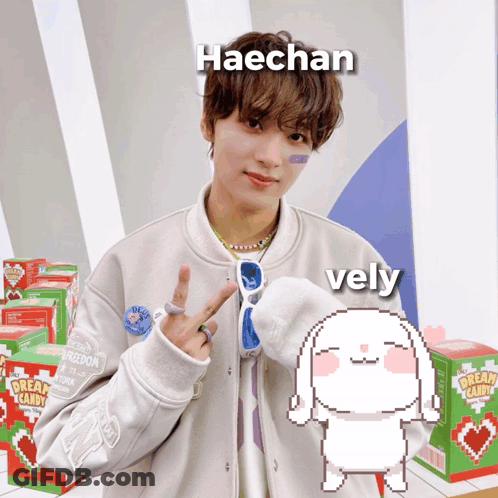 A Person With The Name Haechan Next To A Picture Of A Bunny GIF
