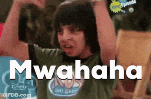 A Person With Their Arms In The Air And The Word Mwahaha Written On The Bottom GIF