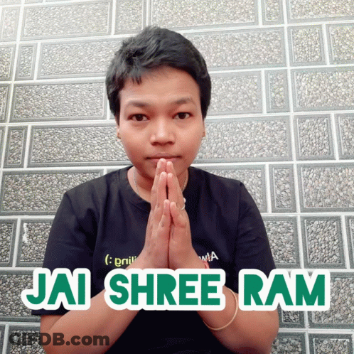 A Person With Their Hands Folded And The Words Jai Shree Ram Behind Them GIF