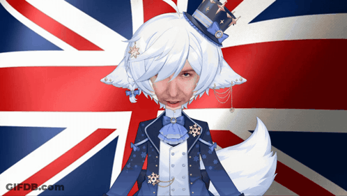A Person With White Hair And A Top Hat In Front Of A British Flag GIF