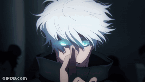 A Person With White Hair And Blue Eyes Is Covering Their Mouth With Their Finger GIF