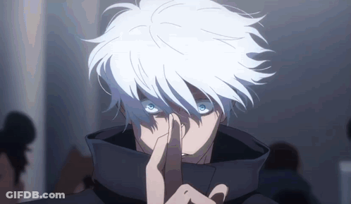 A Person With White Hair And Blue Eyes Is Holding Their Finger To Their Nose . GIF