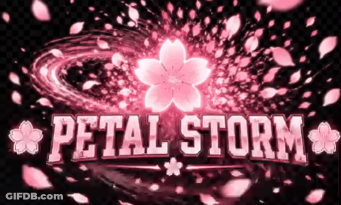 A Petal Storm Logo With A Cherry Blossom In The Background GIF