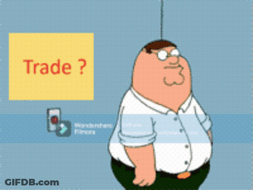 A Peter Griffin Cartoon Character Is Standing In Front Of A Sign That Says Trade GIF