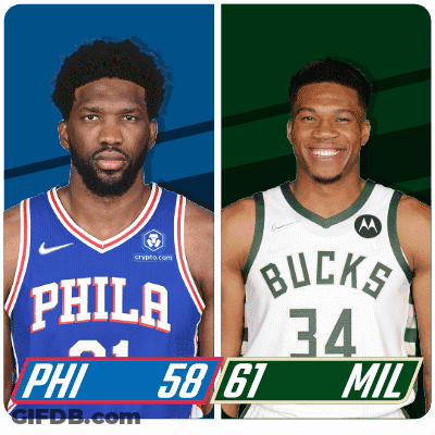 A Philadelphia Basketball Player And A Bucks Basketball Player Are Standing Next To Each Other GIF