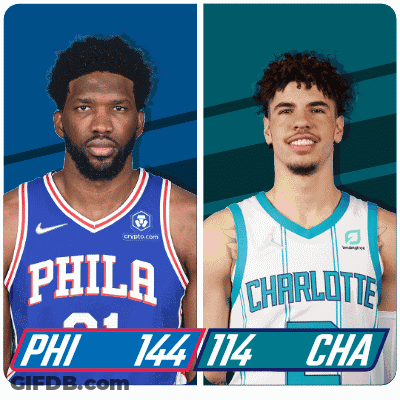 A Philadelphia Basketball Player And A Charlotte Basketball Player Are Shown Side By Side GIF