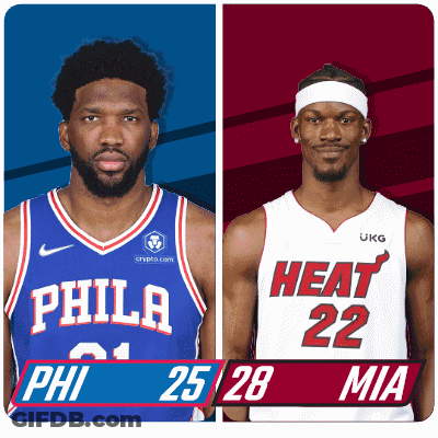 A Philadelphia Basketball Player And A Heat Basketball Player Are Standing Next To Each Other GIF