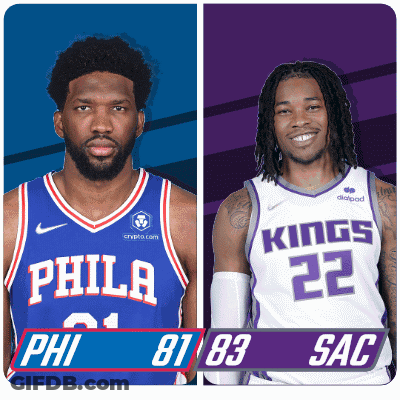A Philadelphia Basketball Player And A Kings Basketball Player Are Standing Next To Each Other GIF