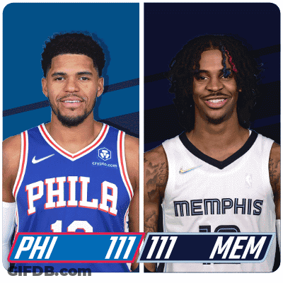 A Philadelphia Basketball Player And A Memphis Basketball Player Standing Next To Each Other GIF