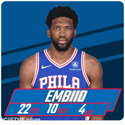 A Philadelphia Basketball Player Named Embiid Is Wearing A Blue And Red Jersey GIF