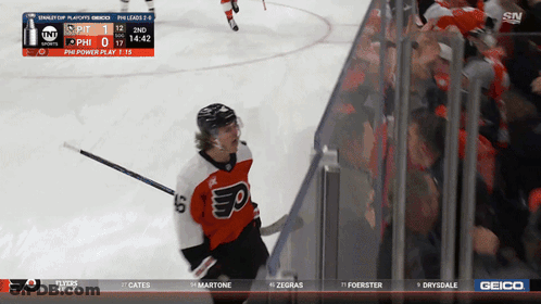 A Philadelphia Flyers Hockey Player Is Standing On The Ice GIF